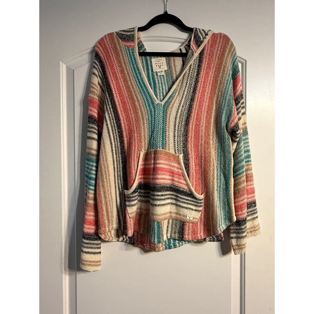 Billabong Baja Hoodie Large Multicolor Striped Knit Pullover Boho Surf Beachwear